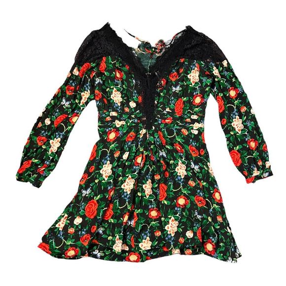 Anthropologie Dress 16 Lace V-Neck Dark Floral Rose Long Sleeve Mini Flowy NWT - Picture 2 of 16